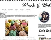 Blogger Premade Template: Black & White minimalist, gray, social media, theme, tribal, clean, twitter, icons