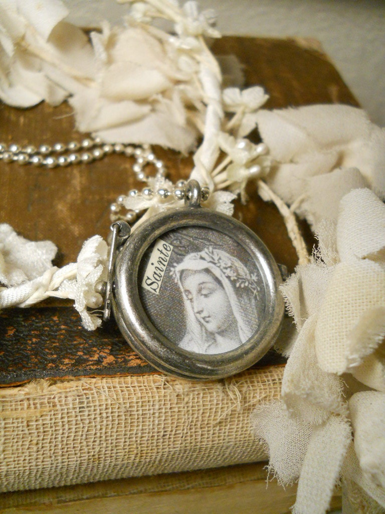 Religious French Themed Silver Double Sided Locket Necklace