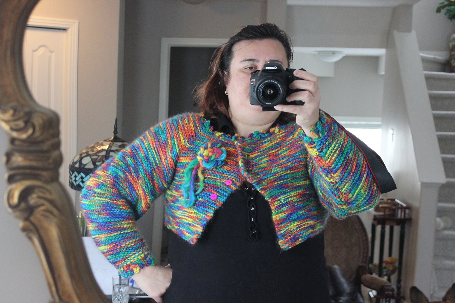 Ready to ship /Gorgeous Handspun- Hand Knitted-HANDMADE Rainbow Shrug -Bolero L,XL or even will fit XXL