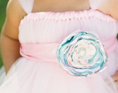 Light Pink and Aqua Tutu Dress w/ Flower Sash - Aqua, Pink, and Cream Accents