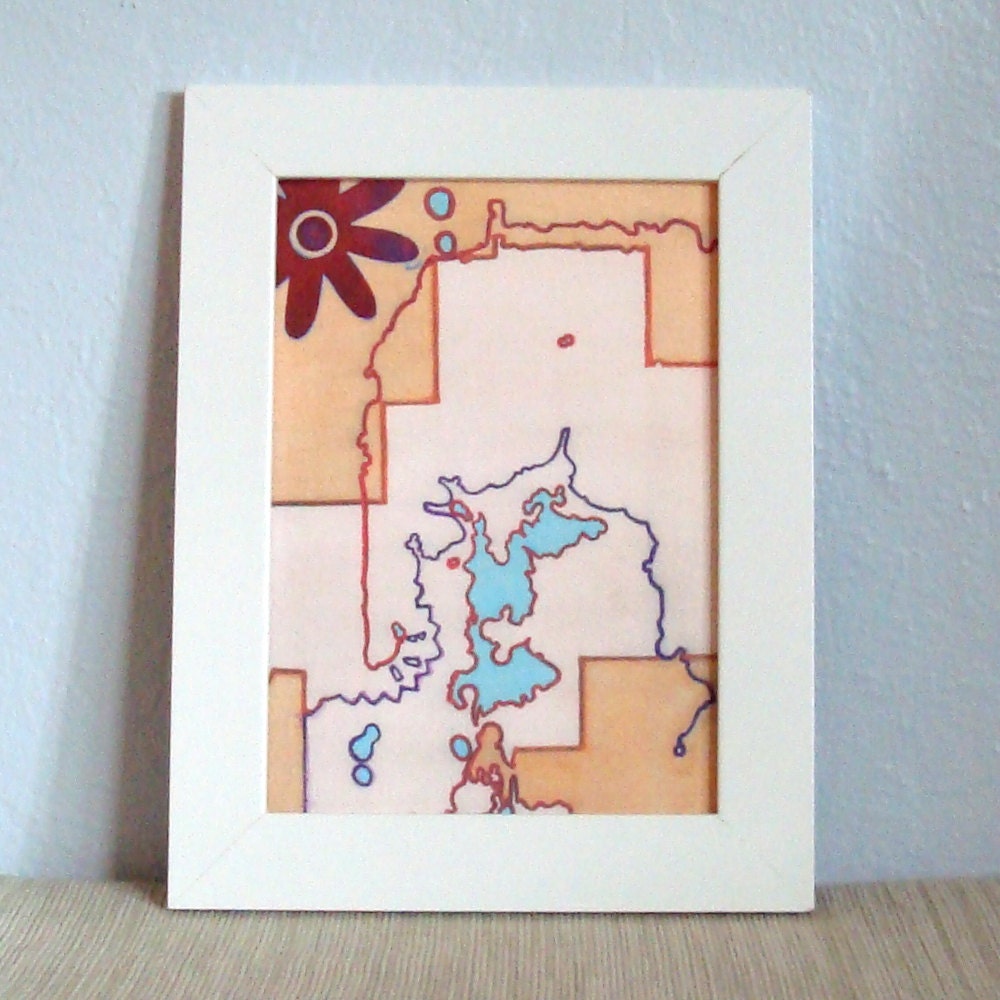 Abstract Figurative Face Map Flower Orange Blue Red with Block Print 5 x 7 Art Print Mixed Media