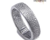 6mm Sterling Custom Fingerprint Ring with Blackened Orange Peel Texture Outside and Fingerprint Wrapped around the Inside