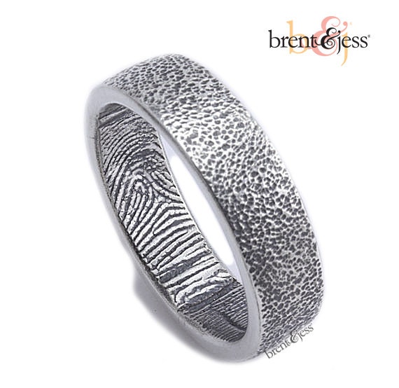 6mm Sterling Custom Fingerprint Ring with Blackened Orange Peel Texture Outside and Fingerprint Wrapped around the Inside