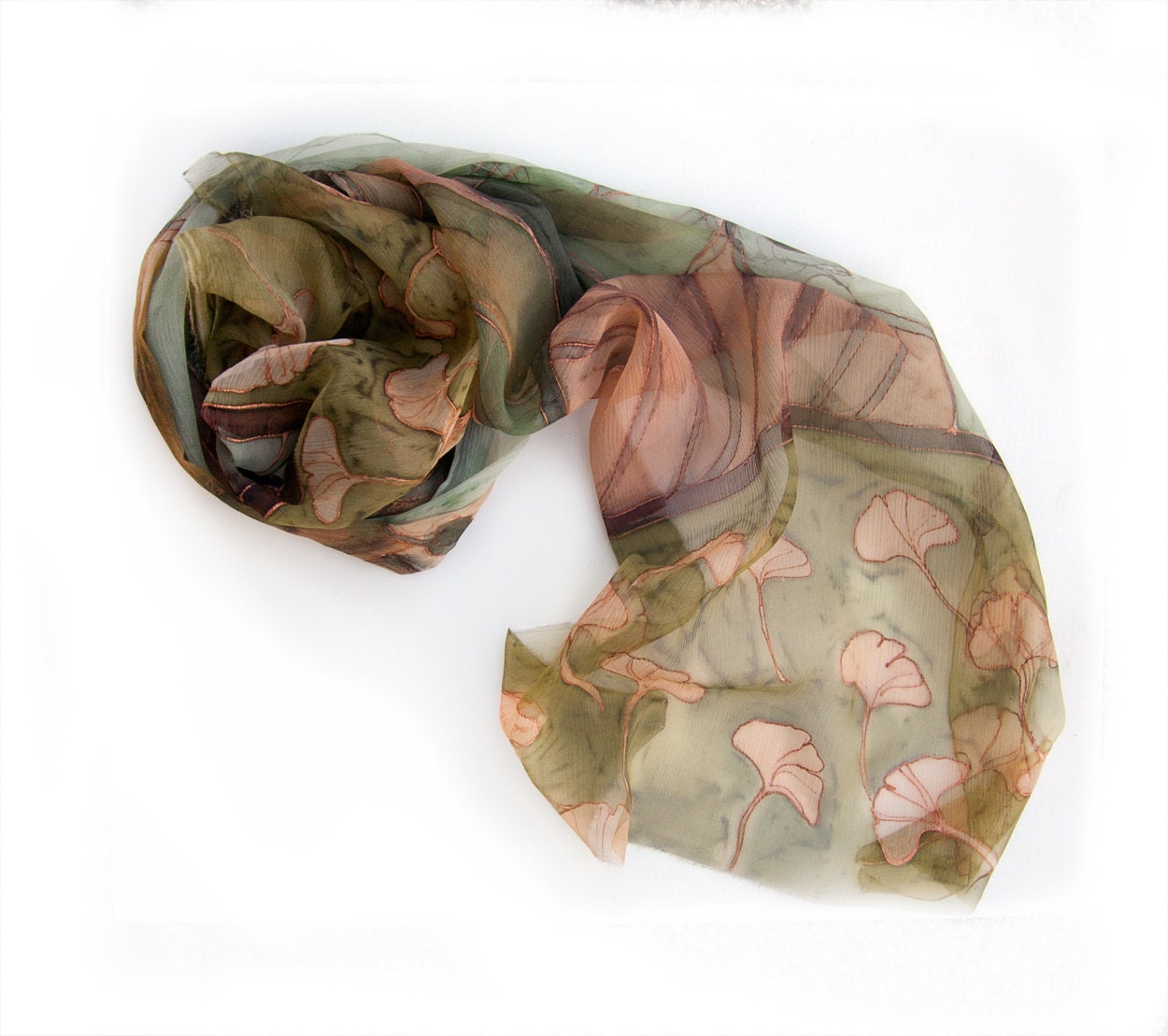 Hand painted silk chiffon scarf Green Ginkgo leaves-Green,beige,sands,hand painted silk scarf RESERVED to YIN QIN