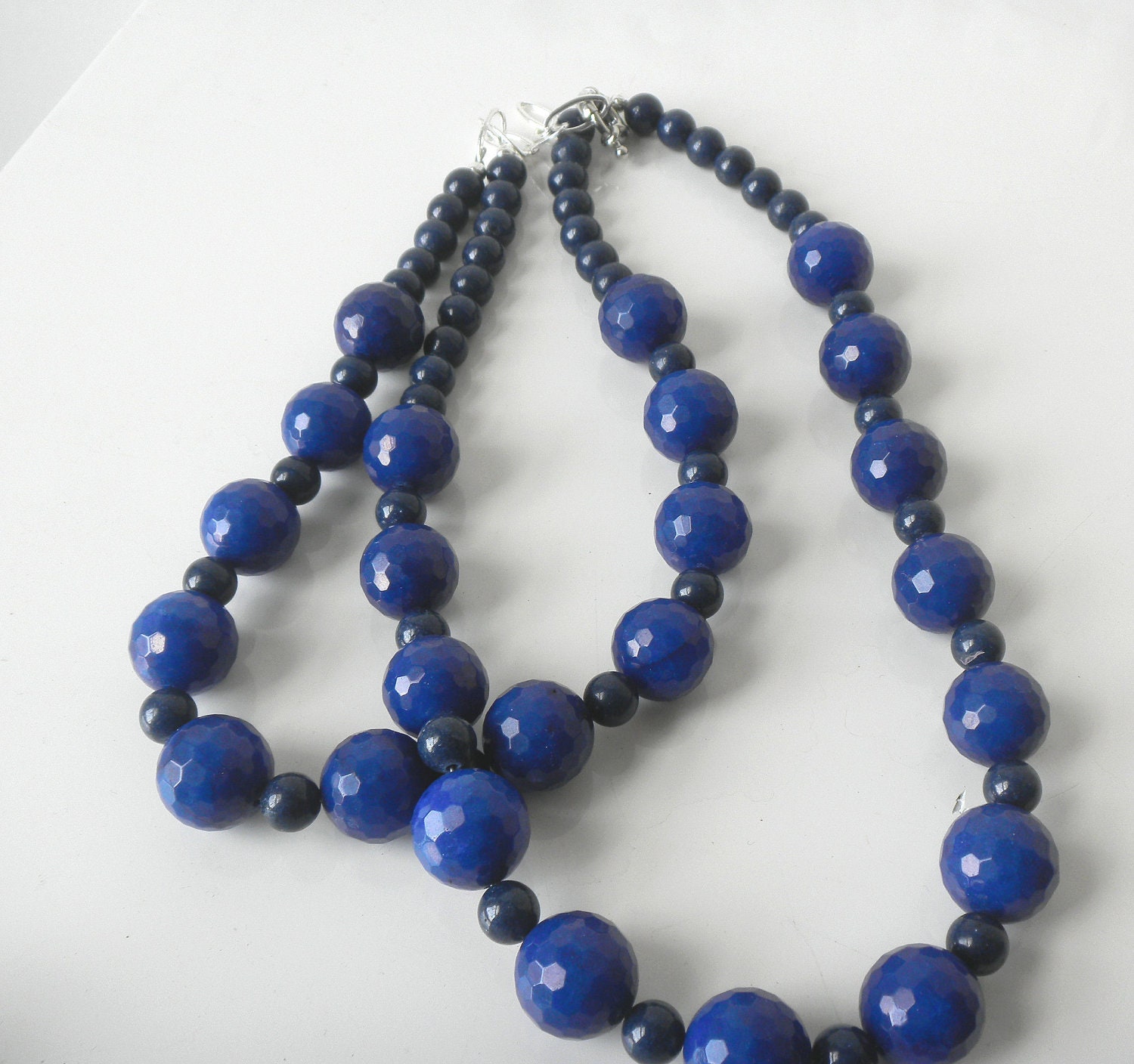 Cobalt lapis Navy Midnight Blue Double Strand two String Necklace Bright Blue Dark Blue Chunky Silver