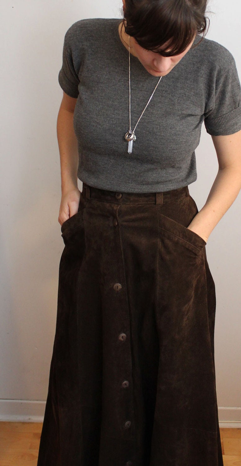 long brown suede button-down skirt - s/m 27" waist