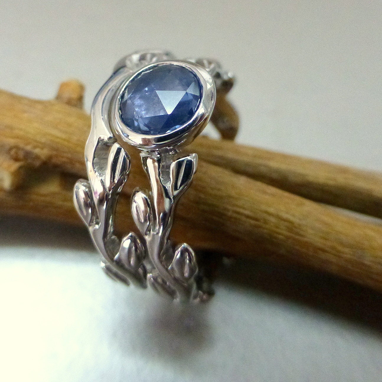 Rose cut blue sapphire engagement ring set.  14k gold.