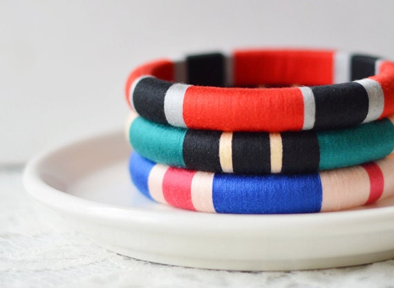 Modern. Geometric. Colorful. Set of 3 Thread  Bangles in Jewel Tone Colors - no. 500F - theglossyqueen