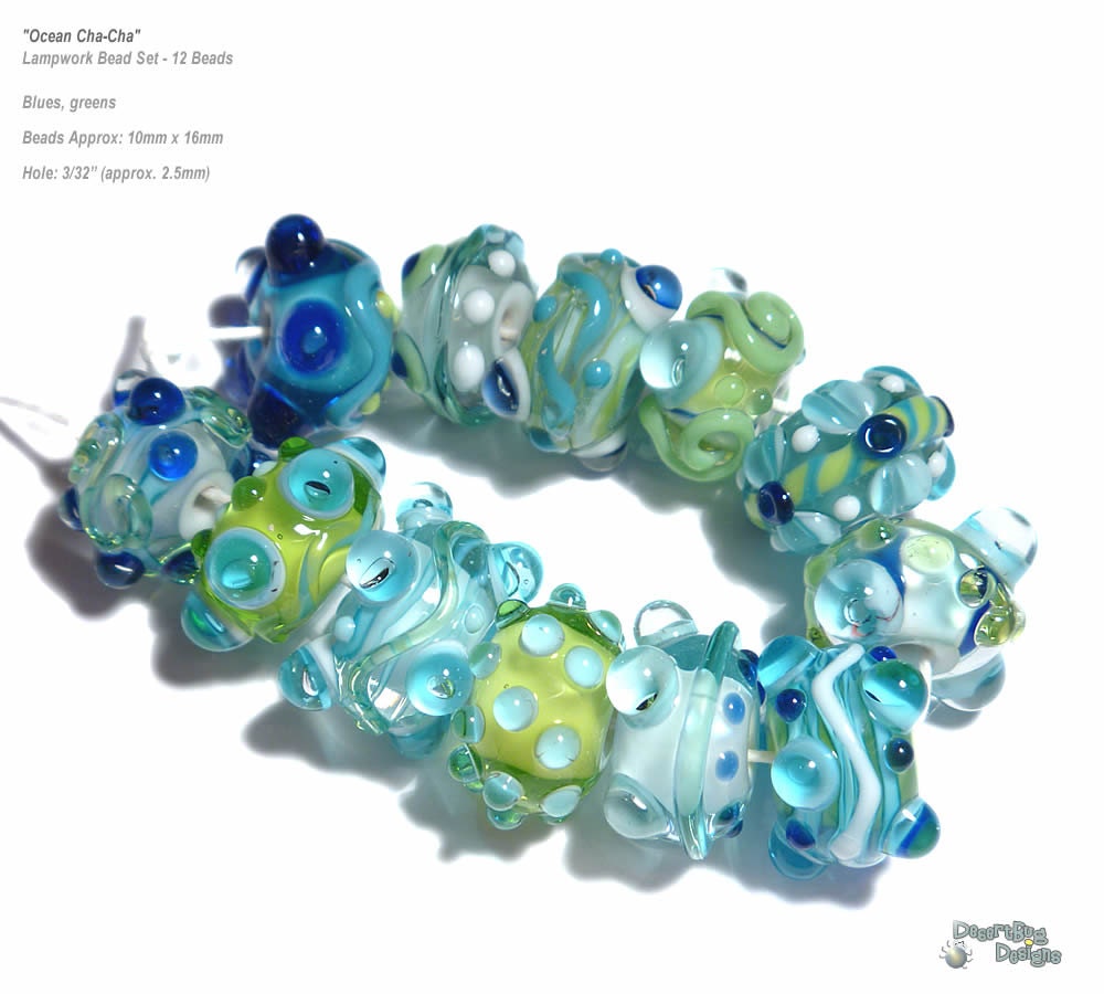 OCEAN CHA CHA  Handmade Lampwork Bead Set in MIx of Blue Green White Lime Turquoise Set of 12