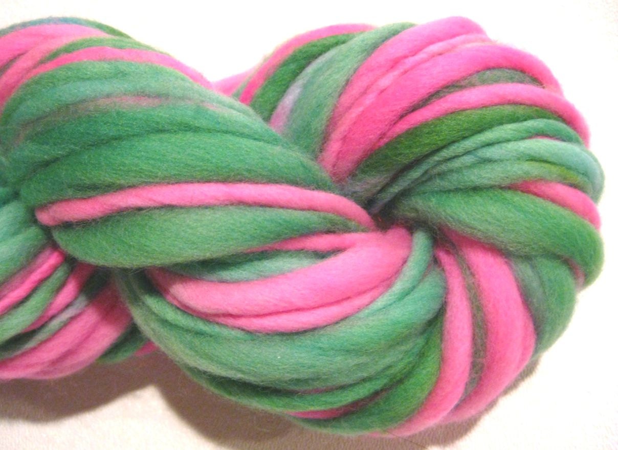 Thick and Thin Yarn, Whattamelon, 68 yds bulky handspun yarn, pink green yarn, hand dyed merino wool, Waldorf doll hair