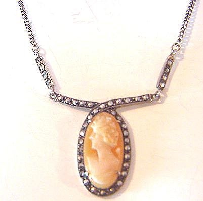 Vintage Sterling Silver 935 Shell Cameo Marcasite Necklace