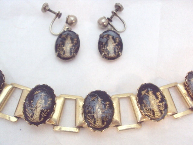Vintage Chinese god Bracelet, Earrings with Lotus and Umbrella