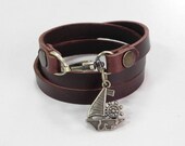 Leather Bracelet Leather Charm Bracelet Brown Color with Metal Sail Boat Charm