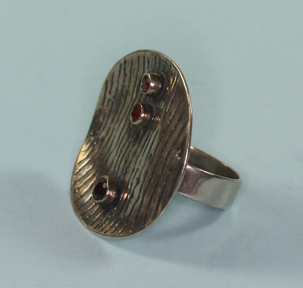 Modernist Garnet Ring Vintage Sterling Silver