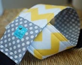 Camera Strap Yellow Chevron and Gray Polka-dot, Reversible, Built in Lens Cap Pocket
