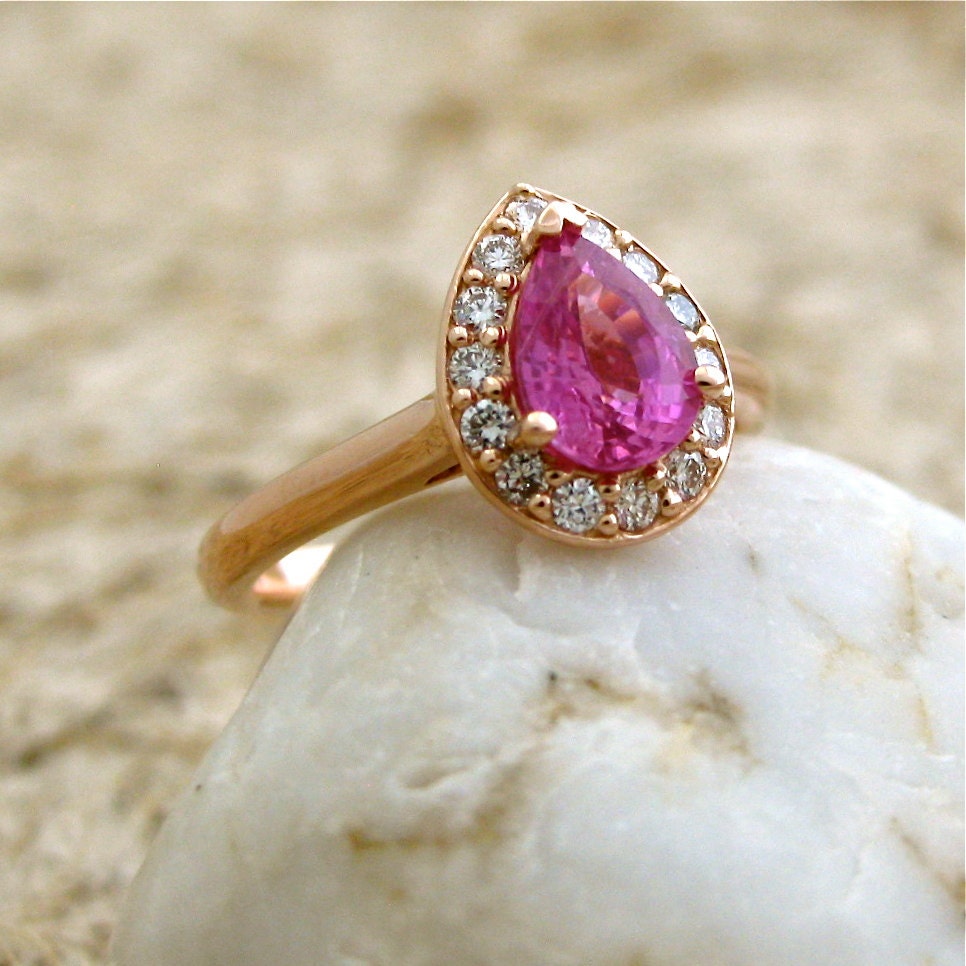 Custom Made Pear Shape Purple Pink Sapphire and Diamond Engagement Ring in 14K Rose Gold