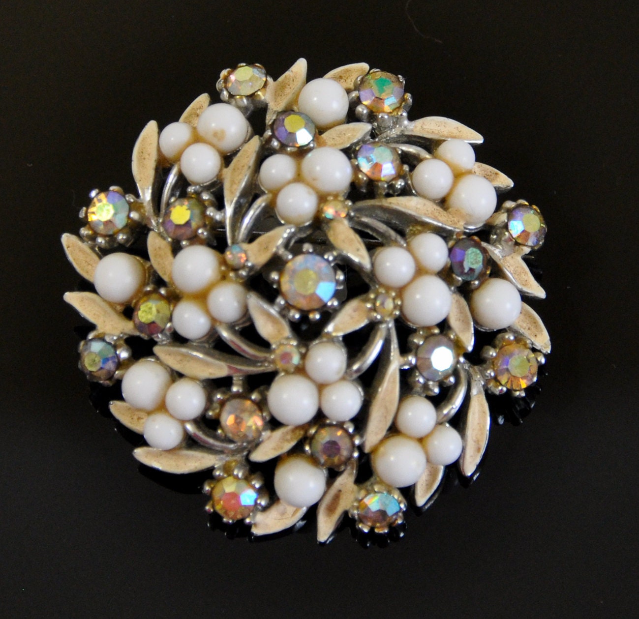 1960s Enamel White Bead and Aurora Borealis Rhinestones ART Pin Brooch