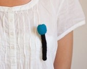 Crocheted Flower Brooch - Playful Jewelry from My Little Garden - Sea Blue Natural White Black Cotton and Wool.  - OOAK