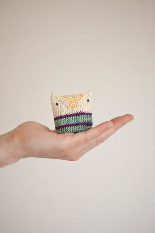 Crocheted Owl Baby Toy for Baby Boys and Baby Girls - Natural White Violet Lilac Purple Mint Stripes Cotton - OOAK - Summer Snow Owl