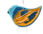Fused Glass orange  blue Bird Windchime, Suncatcher, Summer Collection.