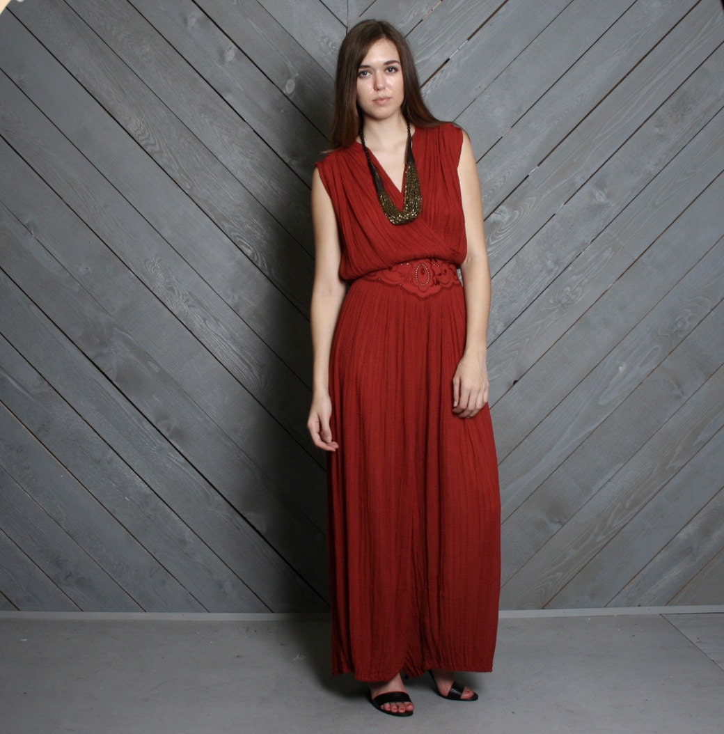 80s GAUZE JUMPSUIT / Burgundy Plunging Palazzo with Crochet Trim, osfm