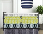 OAK MEADOW,  Trees, Chevron Zigzags - Modern Custom Crib Bedding Set - Blanket, Bumper, Fitted Sheet - Navy Blue, Lime Green, Aqua, Gray