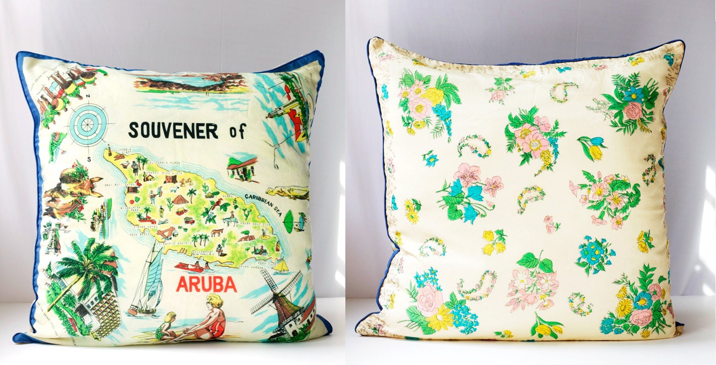 Cyber Monday SALE Pillow Cover, Vintage Scarf ARUBA &  Silk Floral,  27 x 27 Throw Pillow Cover, Unique EcoChic Home Decor, Holiday Gift