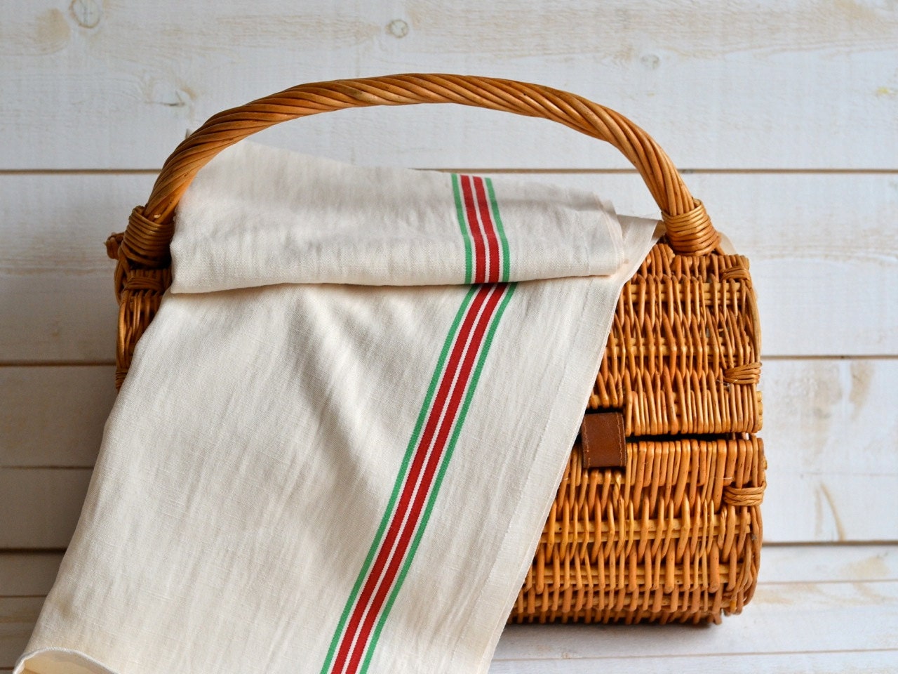 Cotton linen tea towel Torchon Metis French country 2 Towels/ shabby chic kitchen blue striped  GIFT UNDER 50