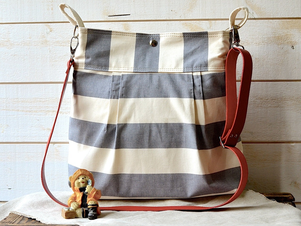 Waterproof Gray BEST SELLER Diaper bag/Messenger bag STOCKHOLM gray and ecru nautical stripe bag purse - 10 Pockets - Red leather strap