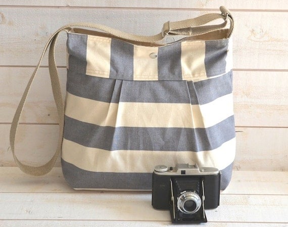 Water Proof -Cross body bag / Diaper bag STOCKHOLM Gray  and Ecru nautical Stripe bag purse  Pleated French Messenger bag - 12 Pockets