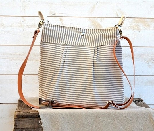 Waterproof BEST SELLER Diaper bag/Messenger bag STOCKHOLM Gray and ecru nautical stripe - 10 Pockets -Ikabags Baby talk magazine featured