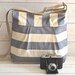 Water Proof -Cross body bag / Diaper bag STOCKHOLM Gray  and Ecru nautical Stripe bag purse  Pleated French Messenger bag - 12 Pockets