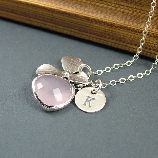 Personalized Necklace Orchid, Pink Glass Drop and Custom Initial Necklace - 'Isobella' - Sterling Silver
