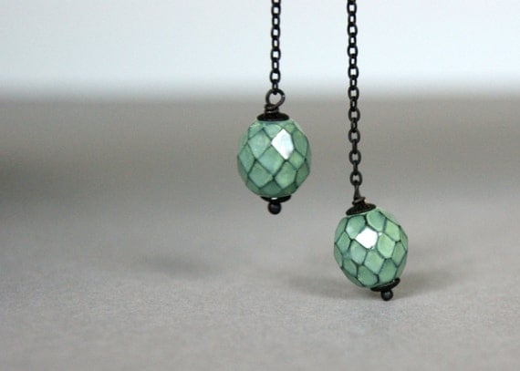 Long Turquoise Green Bead Earrings - Black, Glass, Czech
