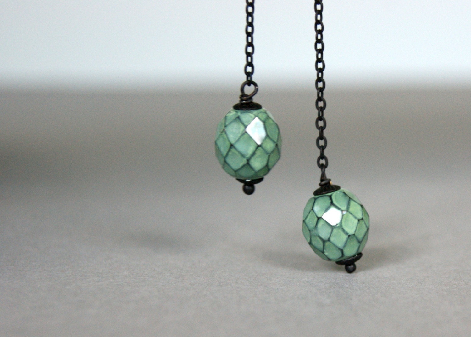 Long Turquoise Green Bead Earrings - Black, Glass, Czech