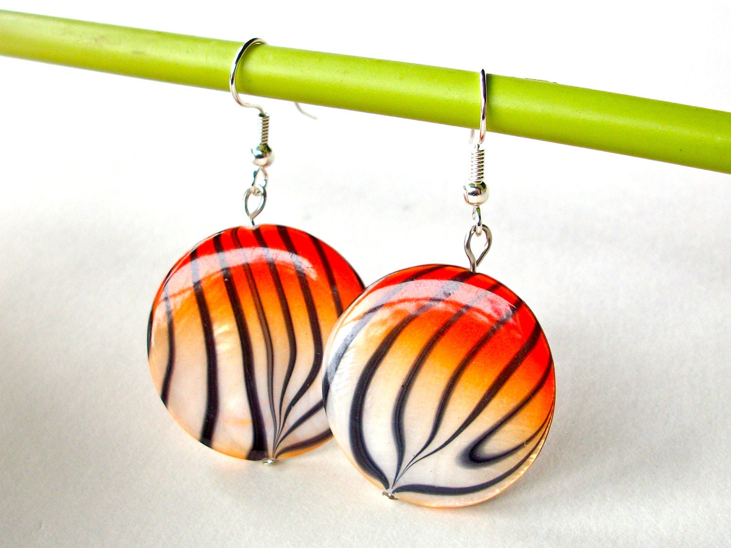 Tiger earrings, animal print jewelry round white orange and black tiger striped shell earrings, silver french hooks