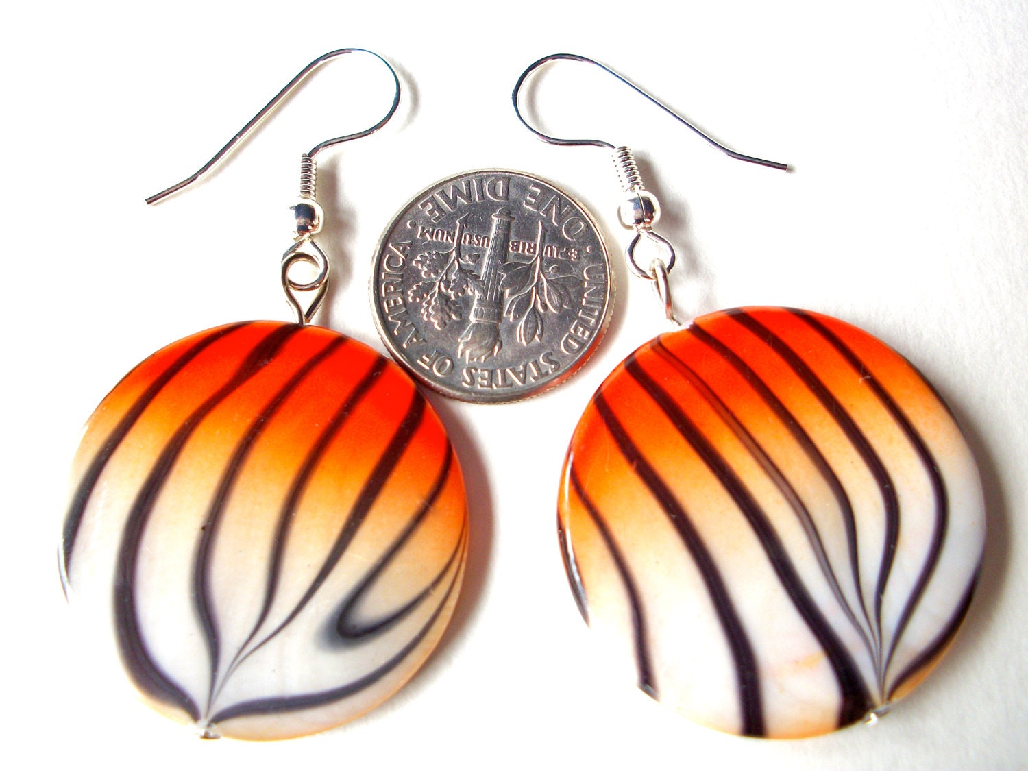 Tiger earrings, animal print jewelry round white orange and black tiger striped shell earrings, silver french hooks