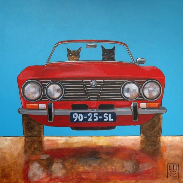 178 alfa gtv by bertone and two cats  - signed and numbered giclee print  14 x 14 cm / 5.5 x 5.5 inch