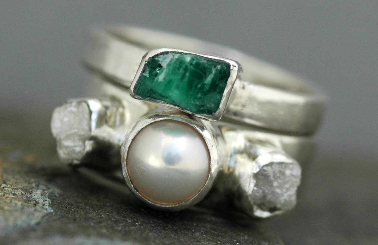 Rough Diamond and Pearl Engagement Band and Wedding Stacking  Ring with Rough Specimen Set- Custom Made Custom Colour