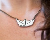 Origami Boat Pendant on Antique Style Gold Chain - Hand Illustrated - Shrink Plastic - Paper Sailboat Necklace