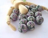 Set of 14 Purple Forest Green Polymer Clay Beads