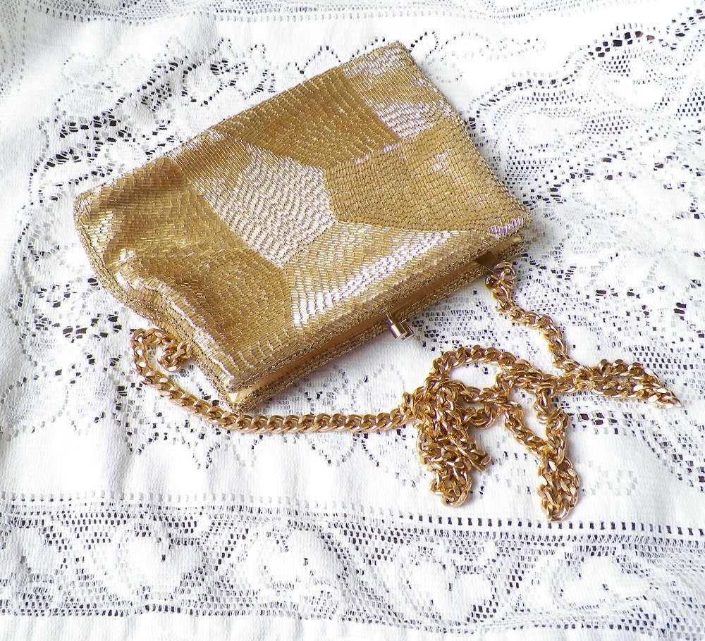 Shimmery Vintage Gold Beaded Purse By Debbie - glassbeadtreasures