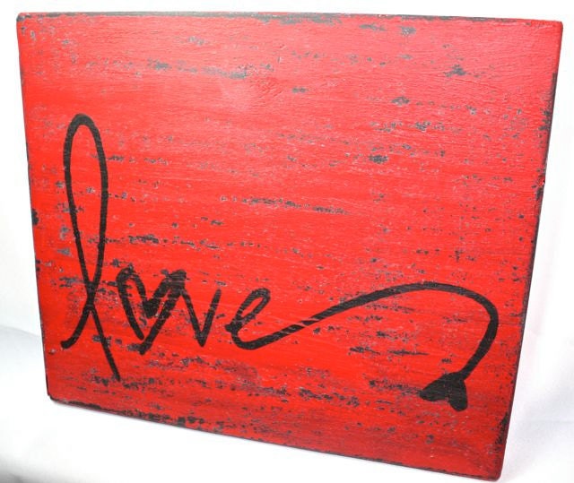 Red love Wall Hanging Art, distressed red on black, hand painted, salvaged wood, 9.25 x 10.75 inches