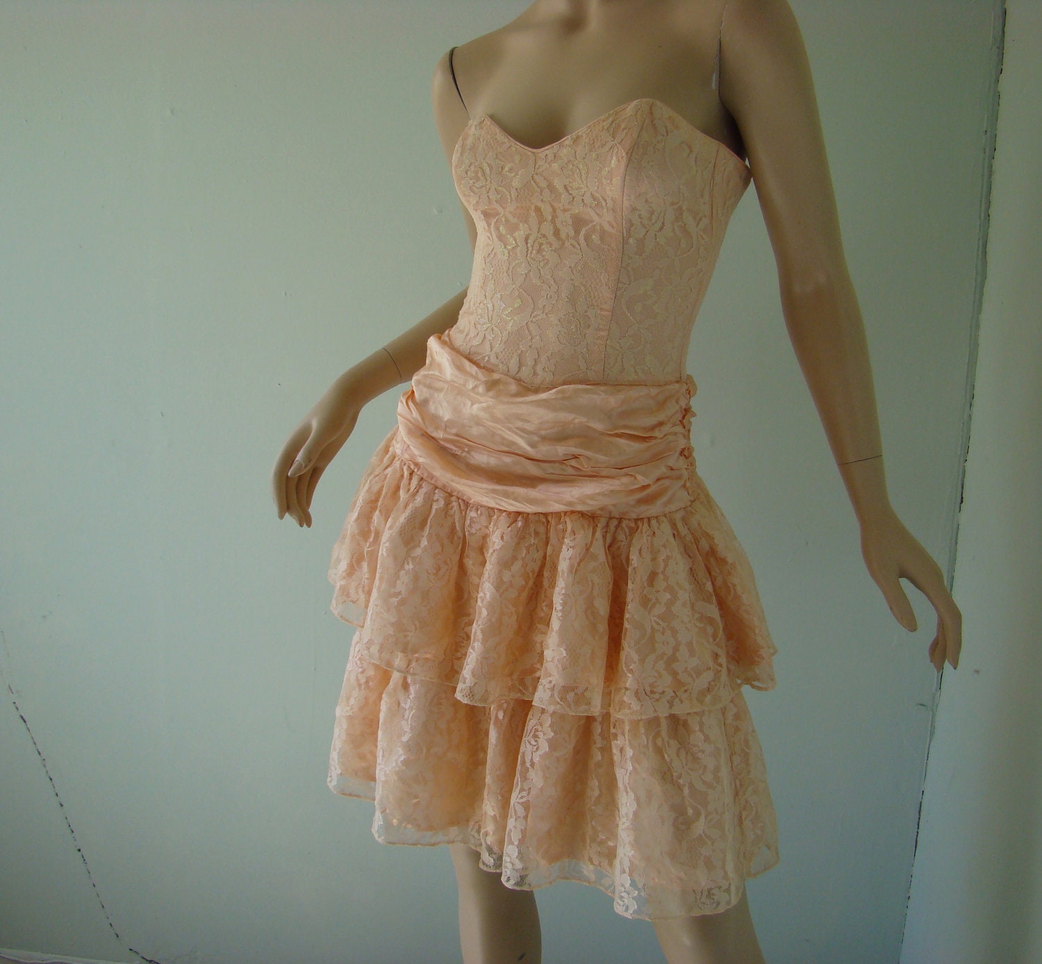 Peach Sparkle Prom Dress- 1990's Vintage Gunne Sax Strapless Ruffle Gown in Satin & Lace