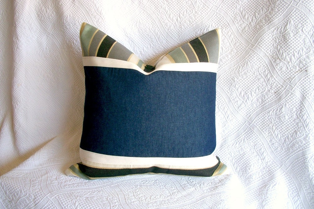 Decorative Pillow Cover Blue Striped and Denim Pieceworked