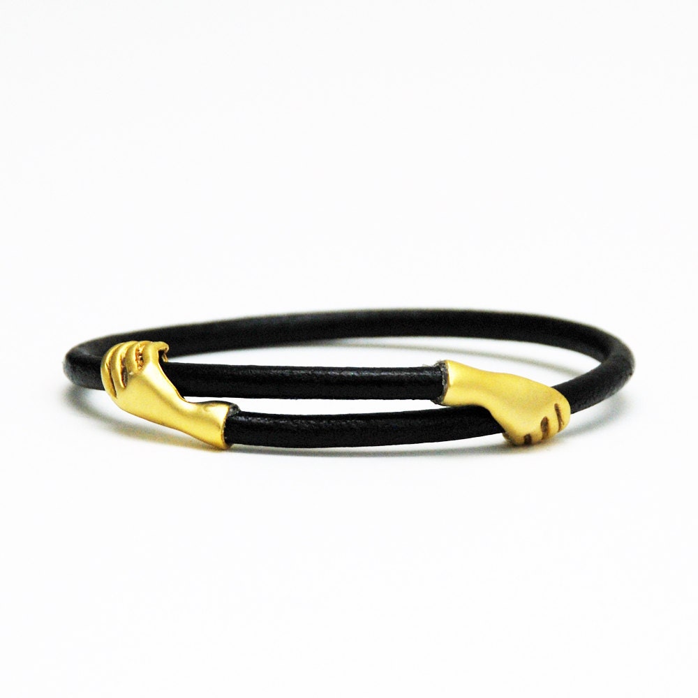 Self Embracing Adjustable Black Leather Bracelet With Gold Hands