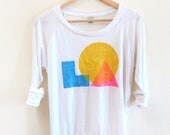 Love LA - CMYK Geometric Color Overlay Deep Scoop Neck Lightweight Raglan Sweatshirt in Cream Yellow Pink and Blue  - S M L XL