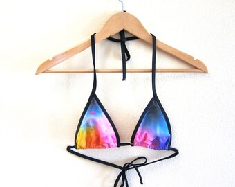 The Original "Splash Dyed" Hand PAINTED Adjustable Tie Neck Triangle Halter Bikini Swimsuit Top in White Spectrum Rainbow - S M L
