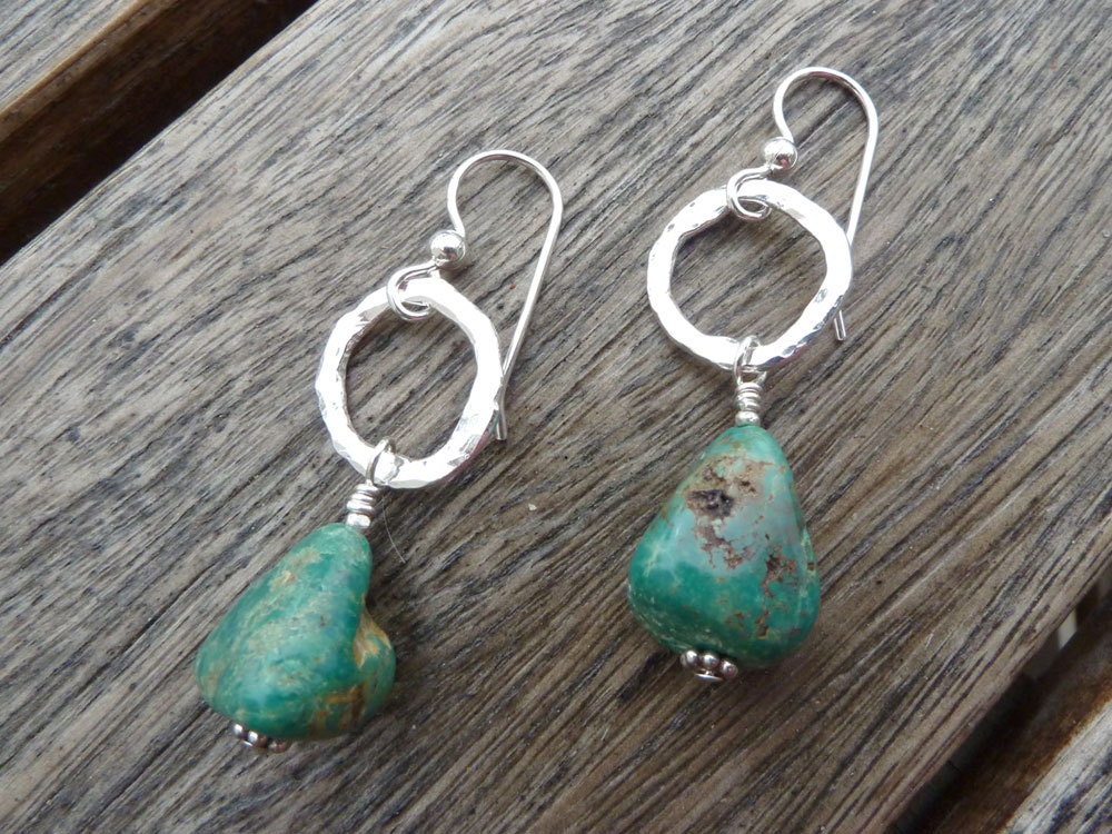 Tortoise Turquoise and Fine Silver Hammered Earrings
