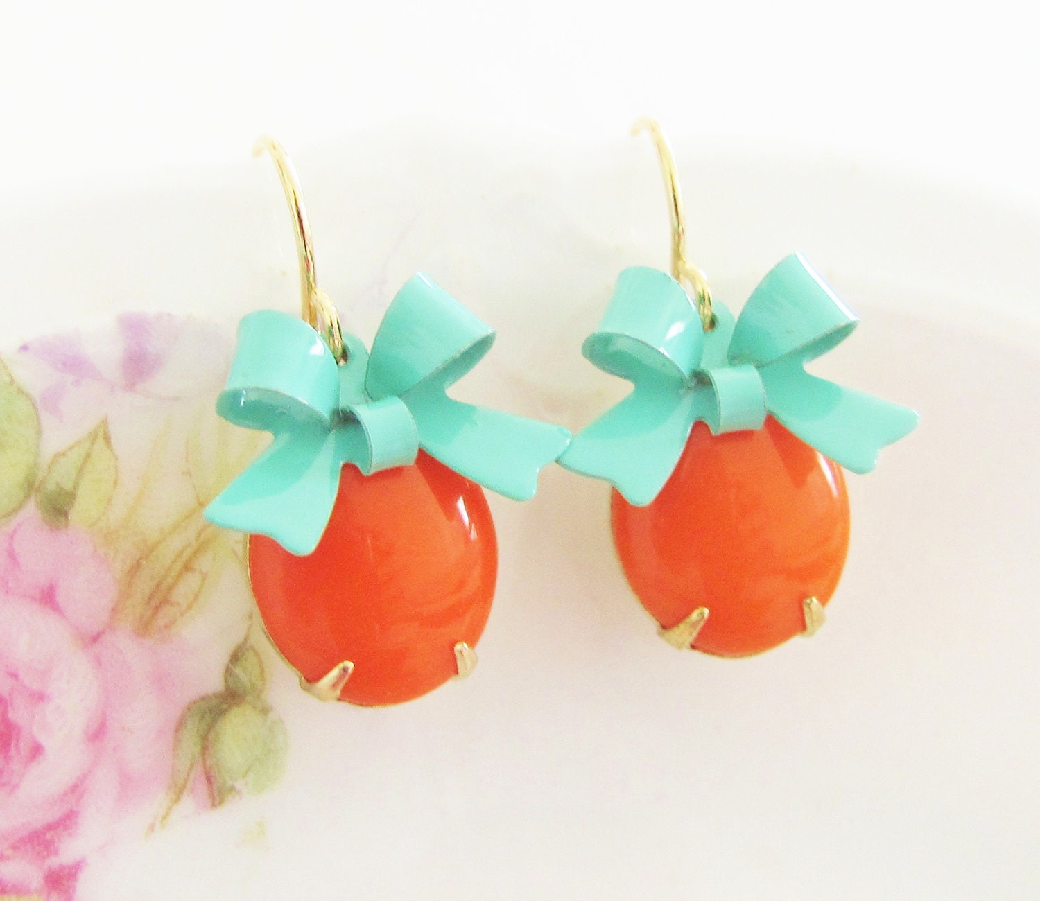 Tangerine Orange Turquoise Bow Earrings -Vintage Tangerine Orange Jewel and Turquoise Bow Dangle Earrings - Preppy, Wedding, Bridesmaid